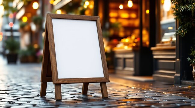A blank sandwich board stands on a cobblestone street in front of a restaurant with glowing lights, inviting customers to come inside