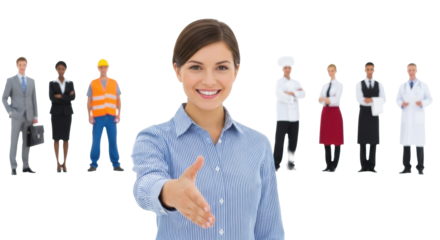 Young caucasian woman, mid-20s, short brown hair, blue & white striped shirt, wide smile, extending hand in bright studio with reflective white floor. Blurred diverse professionals behind. Concept of