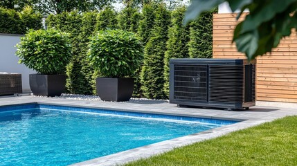 Modern Pool Heat Pump System Landscaping, Outdoor Design, Poolside Installation, Heat Pump, Pool Heating Pool heater, landscaping design