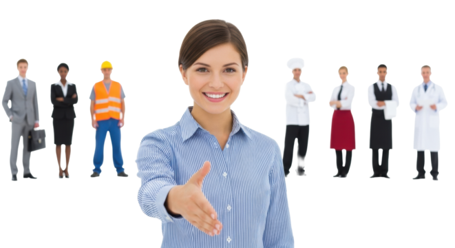 Young caucasian woman, mid-20s, short brown hair, blue & white striped shirt, wide smile, extending hand in bright studio with reflective white floor. Blurred diverse professionals behind. Concept of
