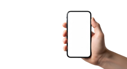 A male right hand with pale skin holds a black vertical smartphone with a blank white screen against a clean studio background, ample copy space to left, ready for content. Concept of modern