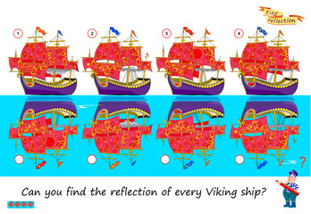 Logic puzzle game for children and adults. Can you find the reflection of every Viking ship? Brain teaser book. Developing kids spatial thinking. Task for attentiveness. IQ test. Vector illustration.