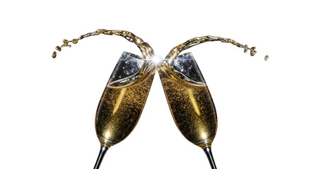 Two elegant crystal champagne flutes clinking, luminous golden liquid splashing explosively with frozen droplets, light flare, against dramatic black background and reflective surface. Dynamic