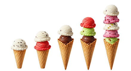 Five waffle cones with increasing scoops of vanilla, strawberry, chocolate, pistachio, berry ice cream, on white with copy space. Concept of growth and abundance