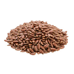 A perfectly formed heap of organic, rich brown flax seeds on a pristine transparent background with copy space, studio product photo for healthy eating and wellness concept