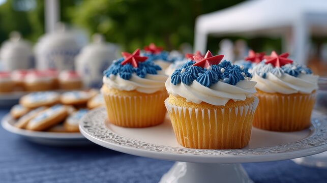 patriotic bake sale, high-quality lifestyle photos capturing a patriotic bake sale at a community polling location cupcakes, cookies, and volunteers are featured - Powered by Adobe