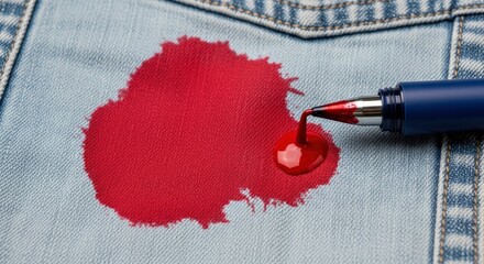 Red ink spill on denim with pen