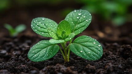Close-up of Fresh Young Plant Seedling with Dew Drops in Rich Soil