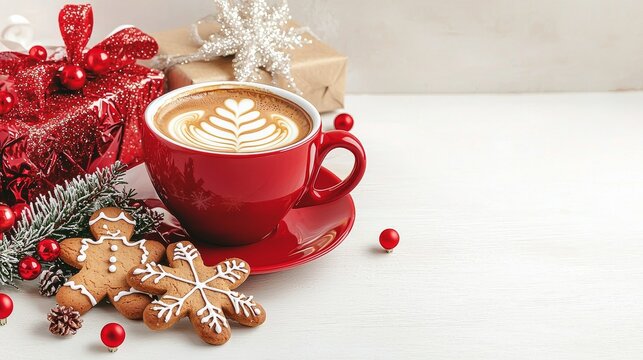 Red Cup of Latte Art with Christmas Decor, Gingerbread Cookies, Holiday Season, Winter Drinks, Festive Coffee Holiday Season, Christmas Coffee - Powered by Adobe
