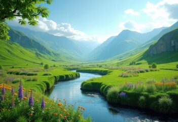Obraz premium Lush Green Valley Winding River Nature Landscape Vibrant Serenity Scenic Vista