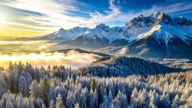 Breathtaking panorama video of snow-covered mountain range and forest at sunrise creating a winter