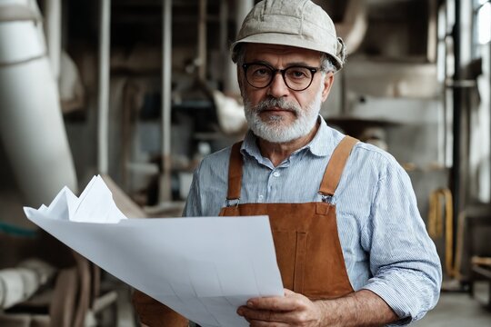 Senior engineer holding blueprints in industrial workshop — experienced construction professional