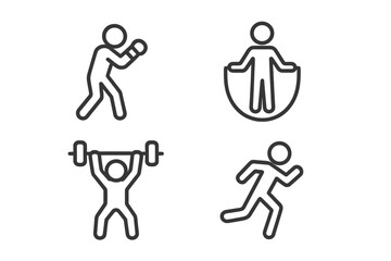 Fototapeta premium Minimalist workout icons set featuring boxing, jump rope, weightlifting, and running activities. Stick figure style, vector illustration, transparent background, fitness exercise, sports symbols.