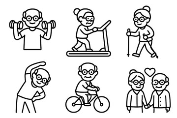 Elderly People Fitness Activities Vector Icons Set. Senior Exercise and Healthy Lifestyle Illustrations. Weight Lifting, Treadmill, Nordic Walking, Stretching, Cycling, Love, Cartoon Outline