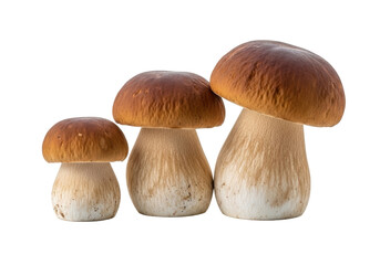 Three fresh porcini mushrooms, different sizes, brown caps, white stems, on a transparent studio background with subtle reflection, concept of appetizing natural quality