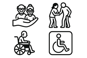 Fototapeta premium Senior Care and Accessibility Icons Set, Elderly Assistance Symbols, Hand Holding Seniors, Wheelchair User, Disability Support, Caregiver Helping, Inclusive Service Vector Illustration