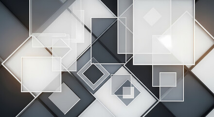 Modern abstract geometric composition with overlapping translucent squares and planes creating depth and sophisticated design elements
