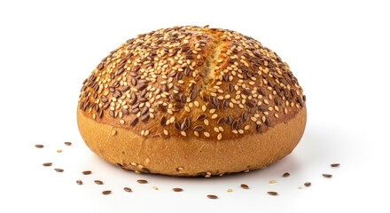 Seeded roll goldenbrown crust with beige and brown seeds scattered across top isolated on white