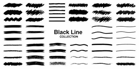 Collection of black hand drawn brush stroke lines and shapes Keywords: black line, brush stroke