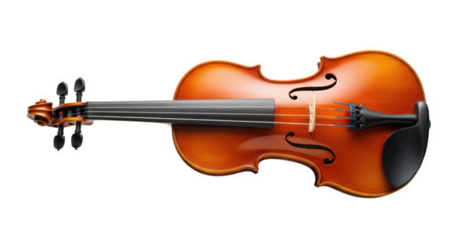 A warm reddish-brown classical wooden violin, blue strings, intricate scroll, floating against transparent copy space, soft studio light, concept of musical elegance - Powered by Adobe