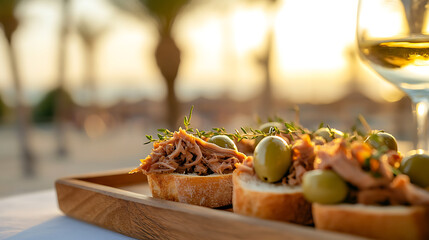 Elegant appetizers featuring crusty bread, savory meat, green olives, and fresh herbs, complemented by a glass of white wine at sunset. Delicious Mediterranean cuisine.