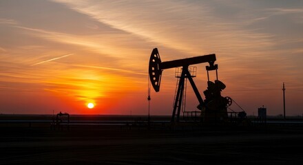 Silhouette of oil pump jack at sunset against an orange and red sky