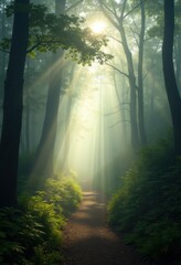 Obraz premium Mist-Covered Forest Pathway Soft Morning Light Ethereal Nature Serenity Enchantment