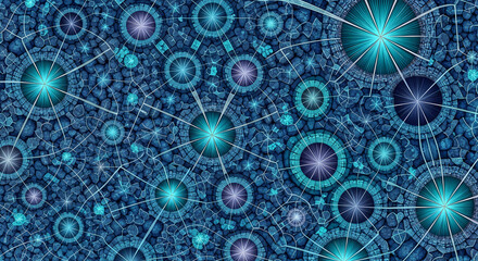 Intricate fractal pattern with glowing blue and teal starbursts and geometric tessellations creating a modern, cosmic, or scientific abstract design