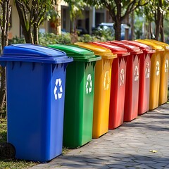 Row of colorful recycling bins with recycling symbols on paved path trash cans garbage cans photo