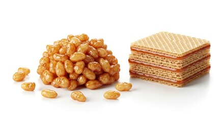 Stacked puffed grains beside a wafer with caramel filling on a white surface
