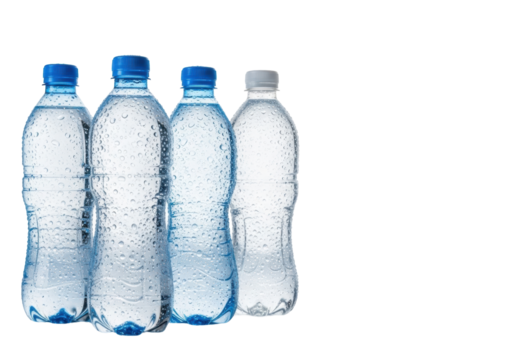 Four modern, condensed plastic bottles, blue/white caps, clear water, on reflective white surface, clean background, copy space. Refreshing hydration concept