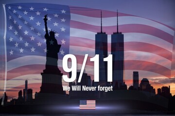 Tribute to a National Tragedy: A poignant homage to the solemn anniversary, commemorating the lives lost with a symbolic representation of the Twin Towers, Lady Liberty, and the American flag.