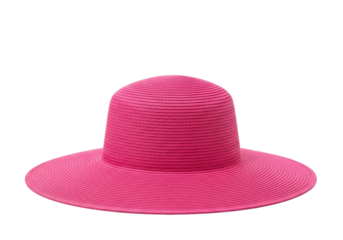 A single, vibrant hot pink wide-brimmed straw hat with intricate woven texture and gently curved brim on a transparent background with soft high-key studio lighting, summer fashion accessory concept