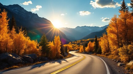 Scenic drive through a mountain pass at sunset with golden autumn trees lining the winding road