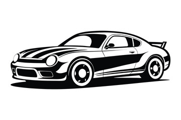 Sleek Black and White Car Illustration Classic Automotive Design with Racing Stripes and Spoiler