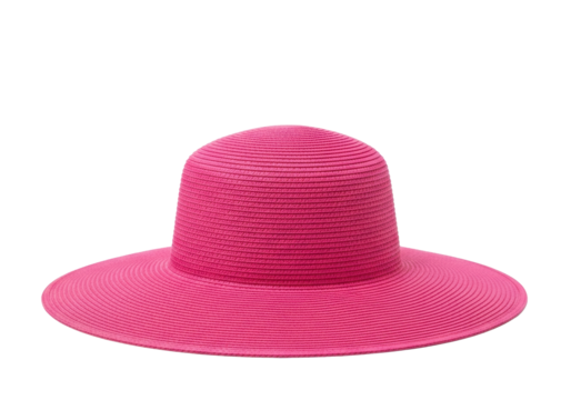 A single, vibrant hot pink wide-brimmed straw hat with intricate woven texture and gently curved brim on a transparent background with soft high-key studio lighting, summer fashion accessory concept