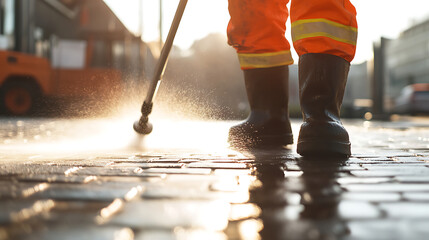Obraz premium Exterior Surface Cleaning: A worker in boots uses a pressure washer to clean paving stones. Bright sunlight enhances the scene, creating reflections.