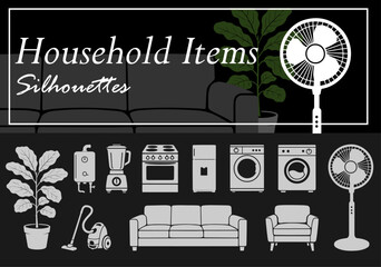 Household Items: Appliances and furniture. Artistic silhouettes of a washing machine, blender, boiler, sofa, vacuum cleaner, fan, etc.