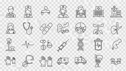 Essential Healthcare Icons for Medical Professionals and Hospitals, Outlined for Clarity, Perfect for Medical Presentations and Health Campaigns, Modern and Clean