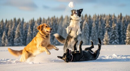 Three dogs playing in snowcovered landscape golden retriever jumping black dog rolling border collie catching snowball