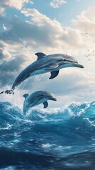 Fototapeta premium Two dolphins leaping from ocean waves under a cloudy sky with seagulls jumping photo