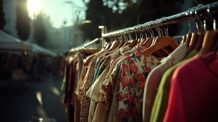Naklejka premium Colorful patterned clothing on display at an outdoor market during golden hour with warm backlight