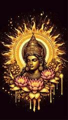 Golden Goddess Illustration of Surya, Divine Figure, Spiritual Art, Hindu Deity, Lotus Flowers