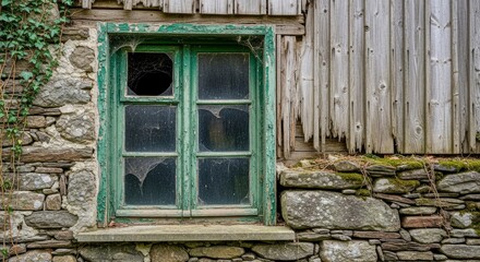 Weathered green window with broken panes cobwebs set in stonewood wall with ivy