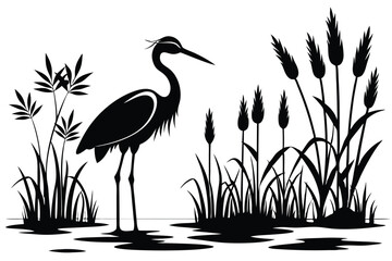Fototapeta premium Silhouette of a heron wading amongst reeds and grasses in a tranquil waterscape