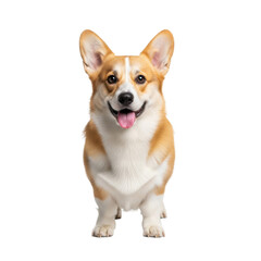 Purebred Pembroke Welsh Corgi with tan/white fur, happy expression, pink tongue out, standing in a high-key studio with transparent background and copy space, professional pet portrait. Concept of a