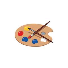 Illustrative artist palette showcasing vibrant primary colors alongside two classic paintbrushes ready for creative work