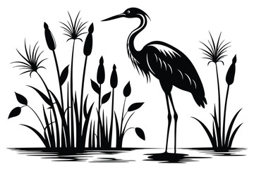Fototapeta premium Silhouette of Great Blue Heron Amidst Cattails and Papyrus Plants near the Water