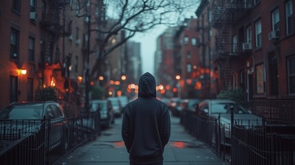 Rear view of a person in a black hoodie walking alone on a wet city street with blurred bokeh lights and brick buildings at twilight.