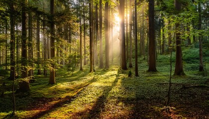 Obraz premium Gleaming Sunlight Penetrates Dense Woods Lighting Up Serene Forest With Rich Foliage